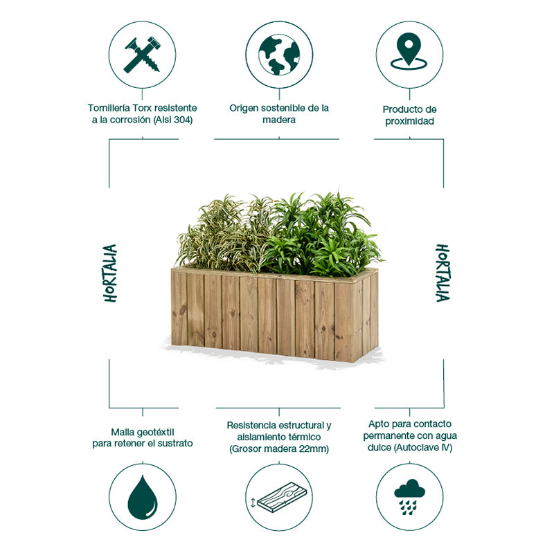 Jardinera de madera Atrium rectangular, dimensiones 100x34x40 cm, ideal para cultivo de plantas y flores.