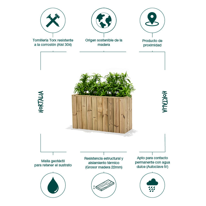 Jardinera de madera rectangular Atrium, dimensiones 100x34x60 cm, ideal para cultivo de plantas en exteriores.