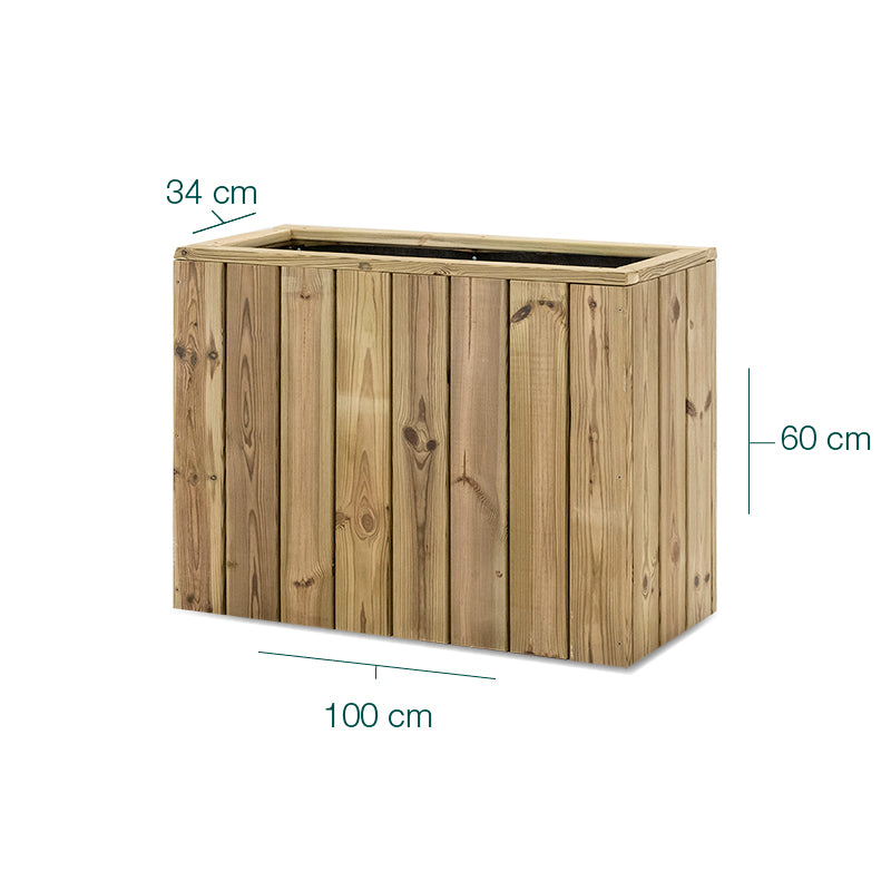 Jardinera de madera Atrium, rectangular, dimensiones 100x34x60 cm, ideal para cultivo en exteriores.