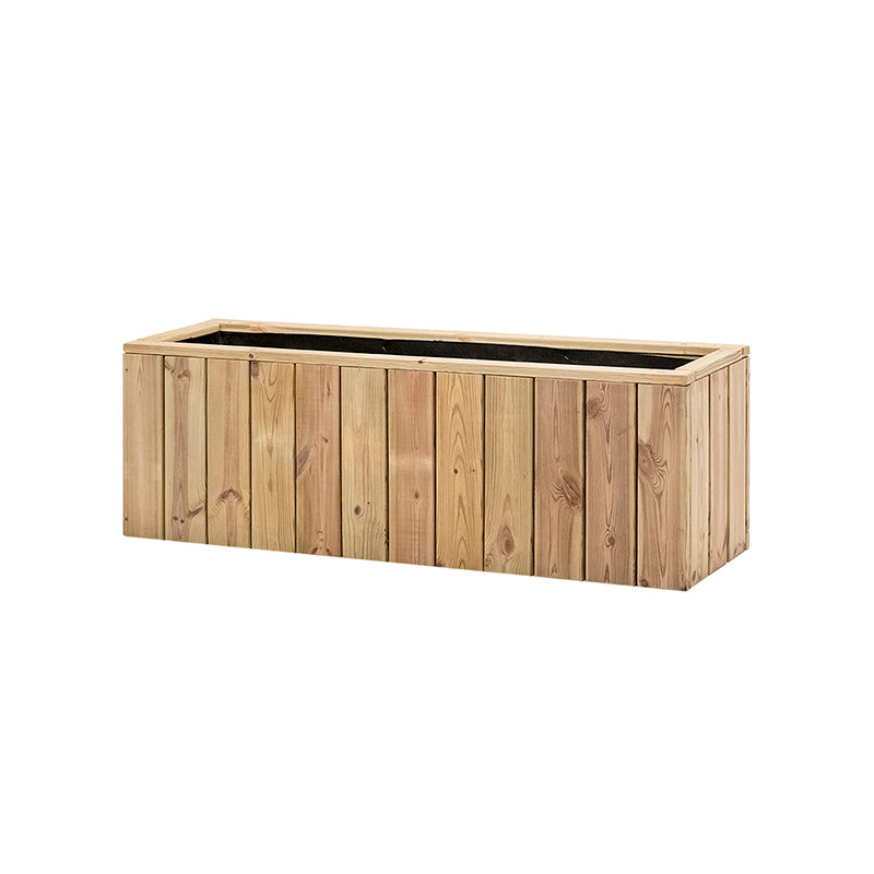 Jardinera de madera rectangular Atrium de 120x34x40 cm, ideal para cultivos y decoración de espacios exteriores.