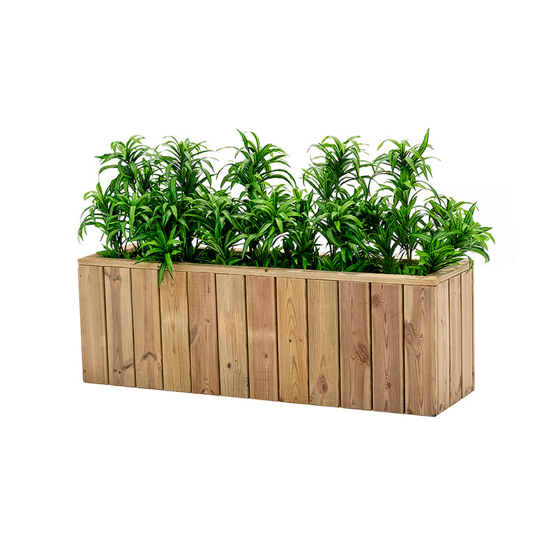 Jardinera de madera rectangular Atrium de 120x34x40 cm, ideal para cultivo de plantas en espacios exteriores.