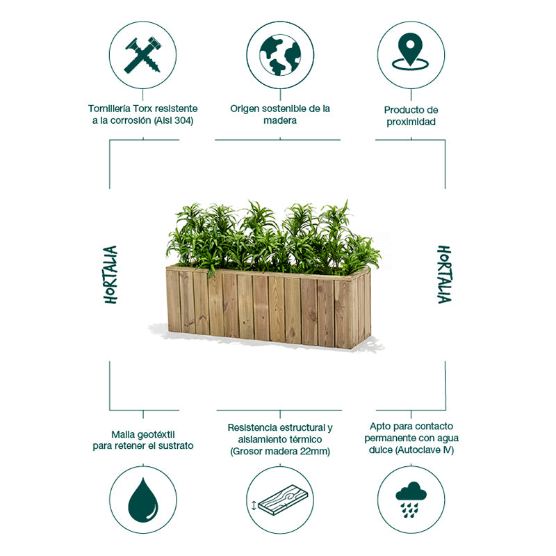 Jardinera de madera Atrium, rectangular, dimensiones 120x34x40 cm, ideal para el cultivo de plantas en exteriores.