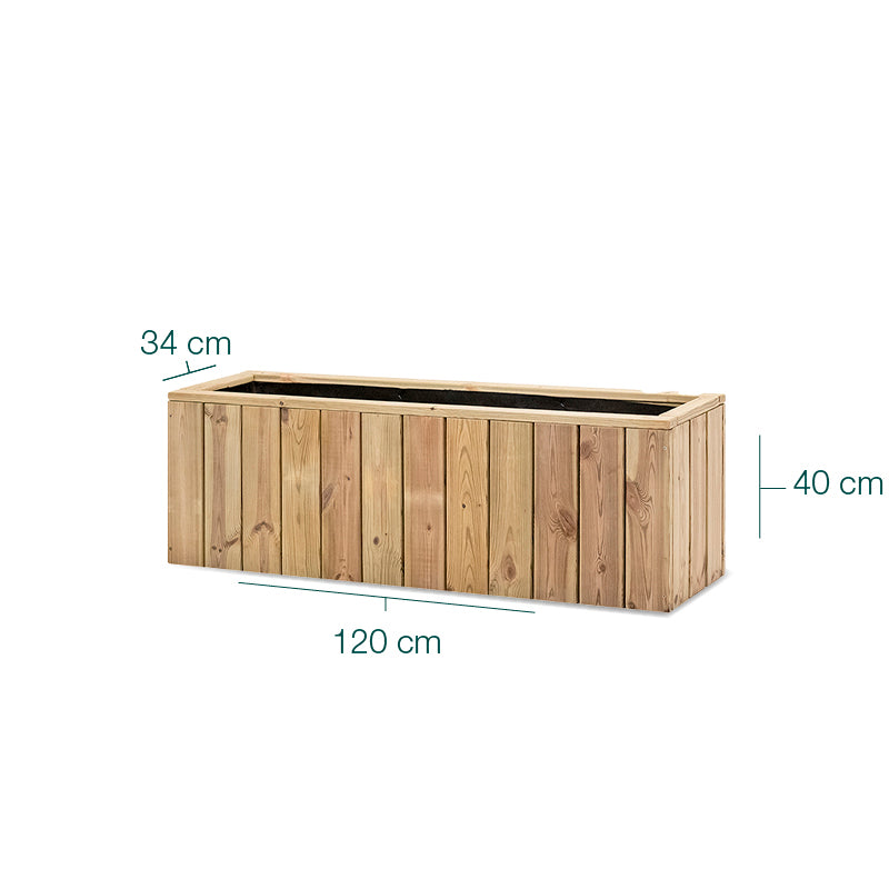Jardinera de madera Atrium, rectangular, dimensiones 120x34x40 cm, ideal para cultivo de plantas en espacios exteriores.