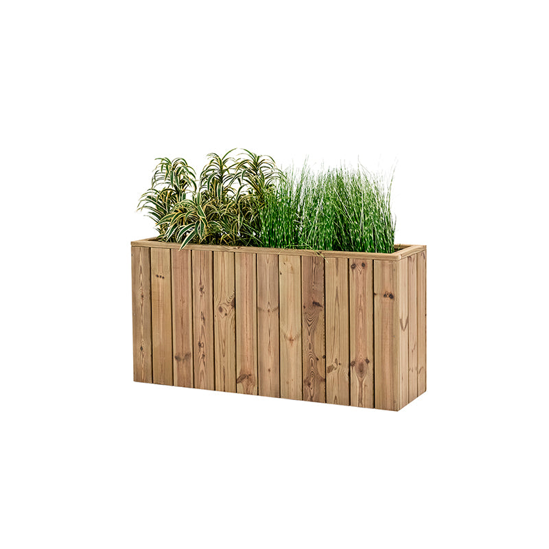 Jardinera de madera Atrium de 120x34x60 cm, ideal para cultivo de plantas en espacios exteriores.