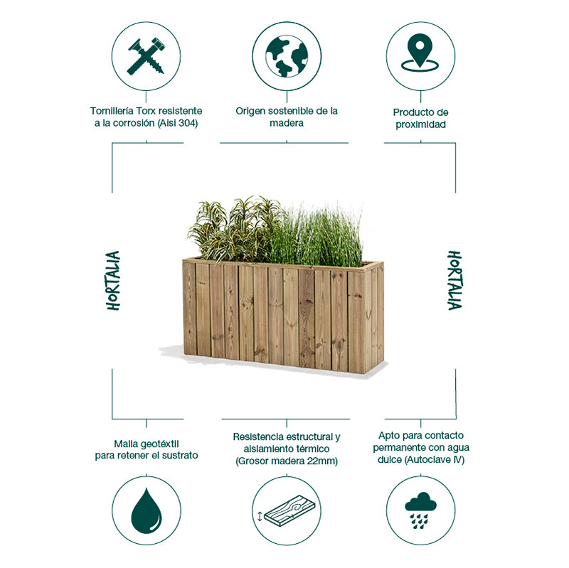 Jardinera de madera Atrium, rectangular, dimensiones 120x34x60 cm, ideal para cultivo en espacios exteriores.