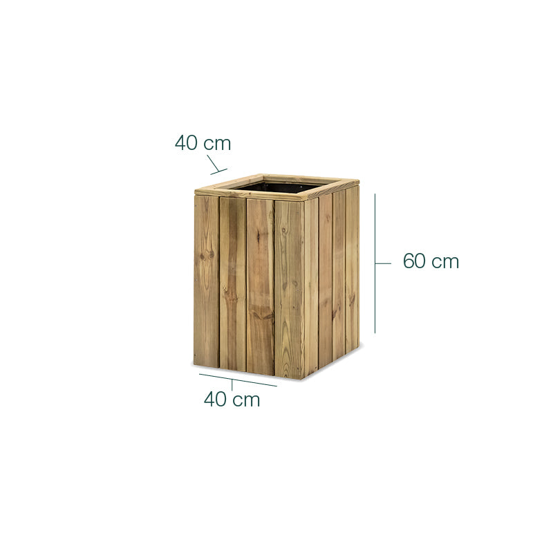 Jardinera de madera Atrium, diseño vertical, dimensiones 40x40x60 cm, capacidad de 25 litros.