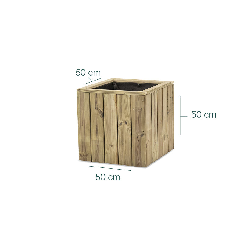 Jardinera de madera cuadrada Atrium de 50 cm, ideal para cultivar plantas en espacios exteriores.