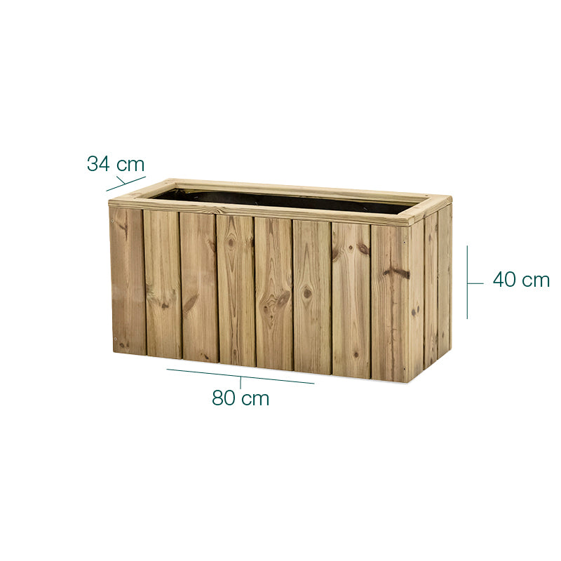 Jardinera de madera rectangular Atrium de 80 cm, ideal para cultivo de plantas en espacios exteriores.