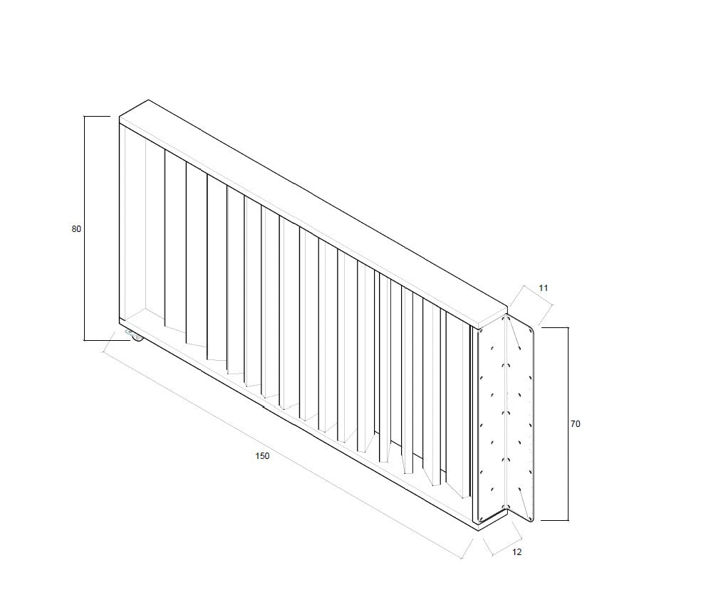 Barandilla abatible de madera, dimensiones 150x12x80 cm, ideal para separar espacios en colectividades y hostelería.