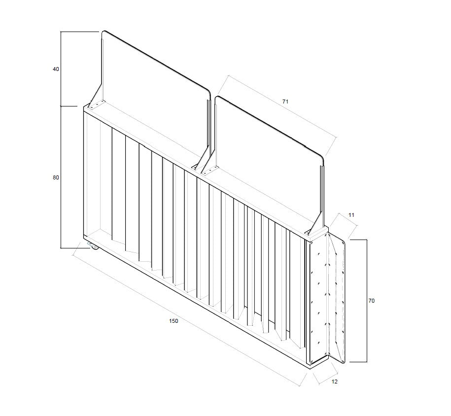 Barandilla abatible de madera, dimensiones 150x12x120, ideal para separar espacios en colectividades y hostelería.