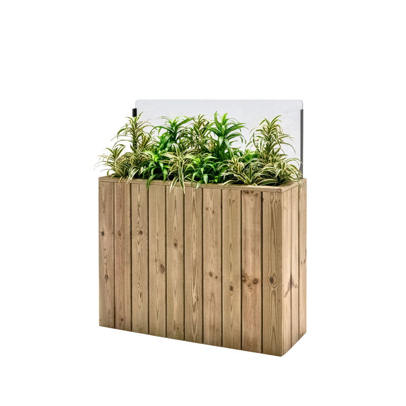 Jardinera de madera fija autoportante con paraviento, ideal para separar espacios en terrazas y jardines.