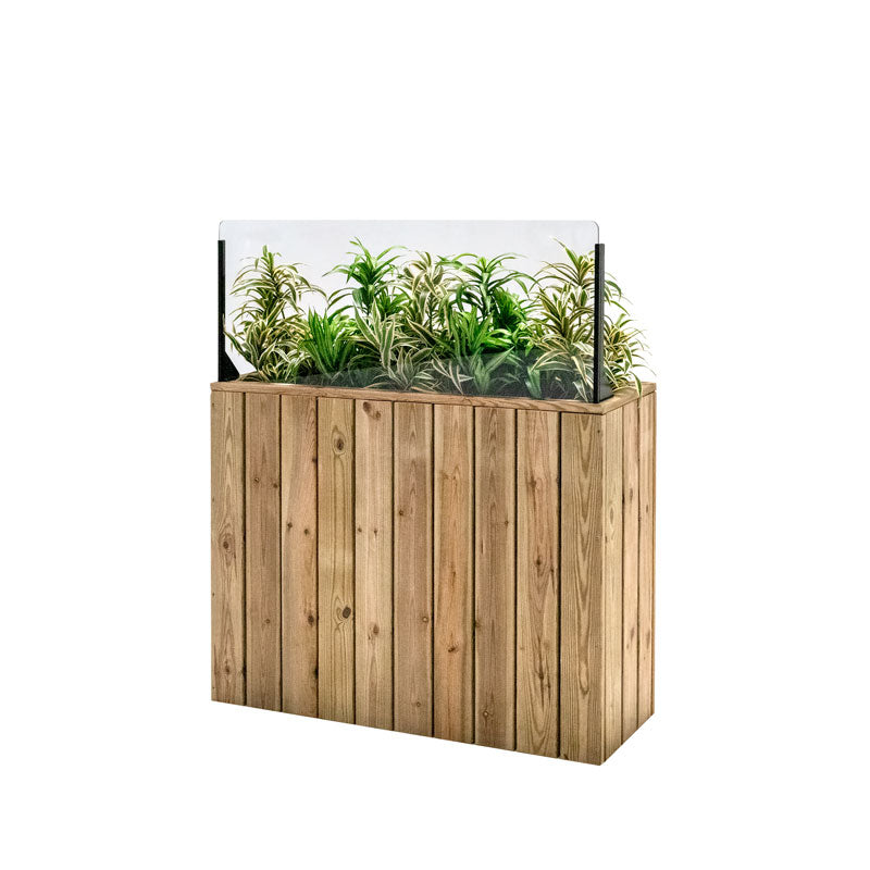 Jardinera de madera fija autoportante con paraviento, ideal para separar espacios en exteriores. Dimensiones 100x34.5x120 cm.