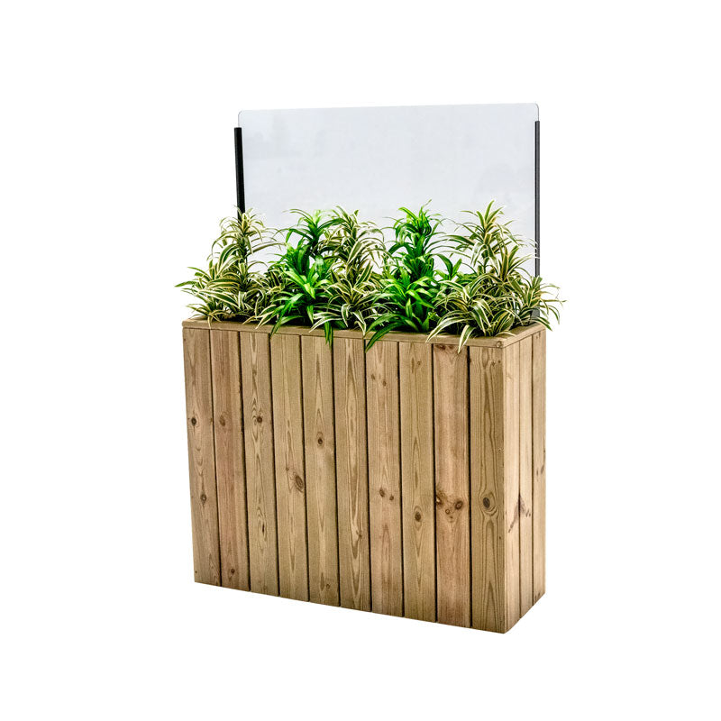Jardinera de madera fija autoportante con paraviento, ideal para separar espacios en exteriores. Medidas 100x34.5x140 cm.