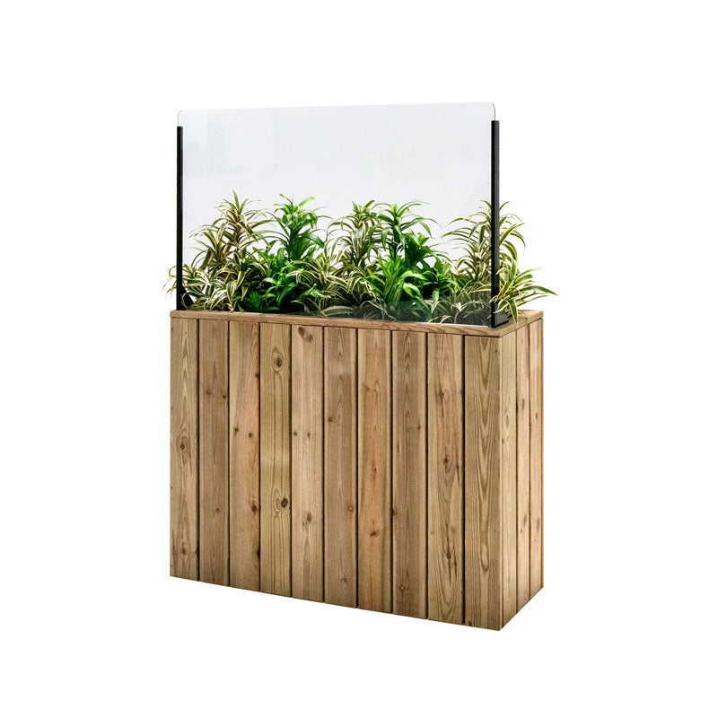 Jardinera de madera fija autoportante con paraviento, ideal para separar espacios en exteriores. Dimensiones 100x34.5x140 cm.