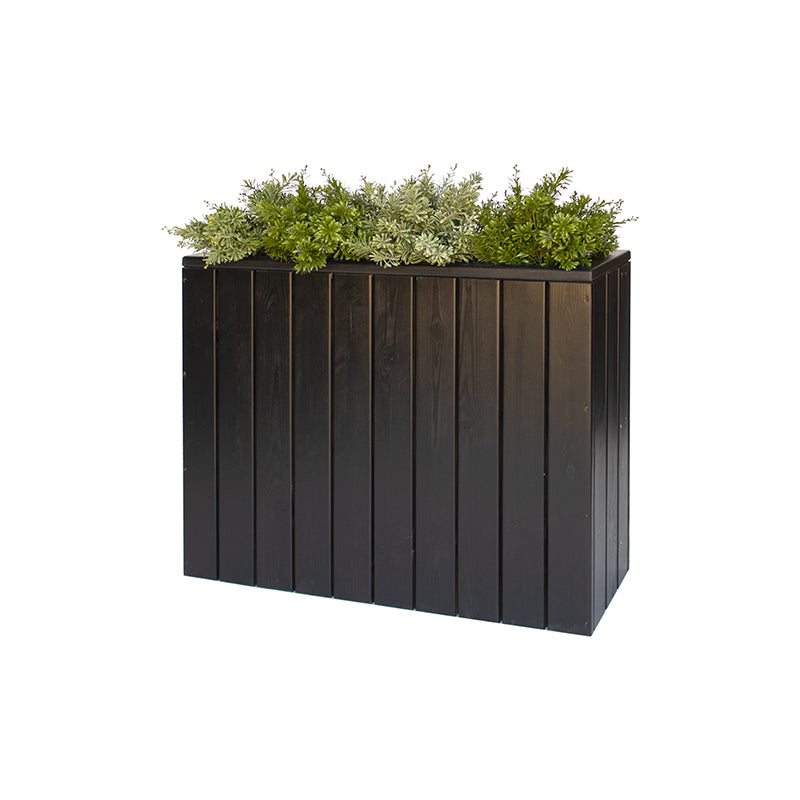 Jardinera de madera fija autoportante de 100x34x80 cm, ideal para separar espacios en terrazas y jardines.