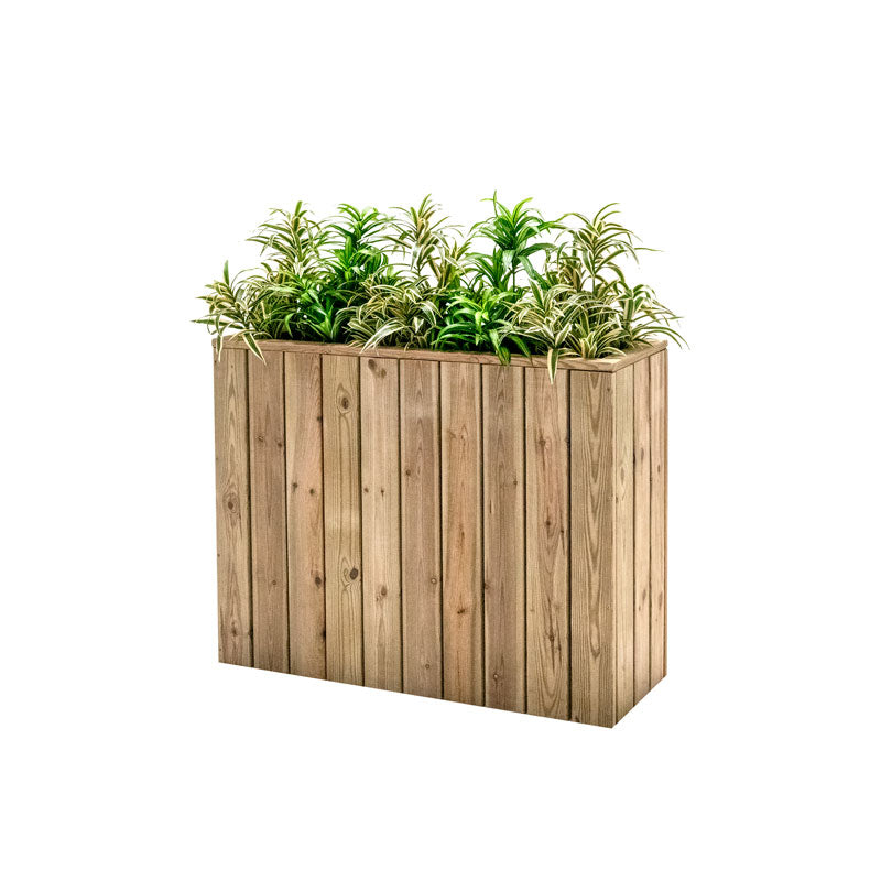 Jardinera de madera fija autoportante, ideal para separar espacios en terrazas y jardines. Medidas 100x34x80 cm.