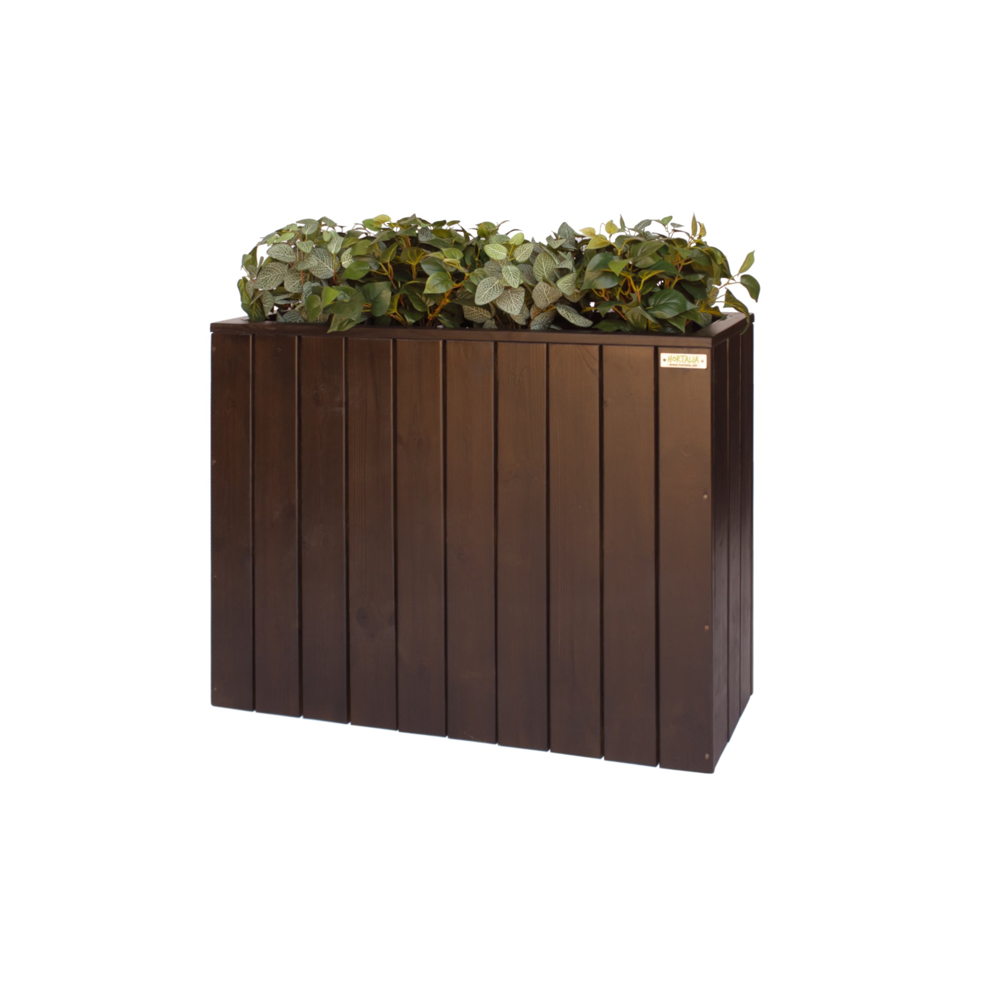 Jardinera de madera fija autoportante de 100x34x80 cm, ideal para separar espacios en exteriores y cultivar plantas.