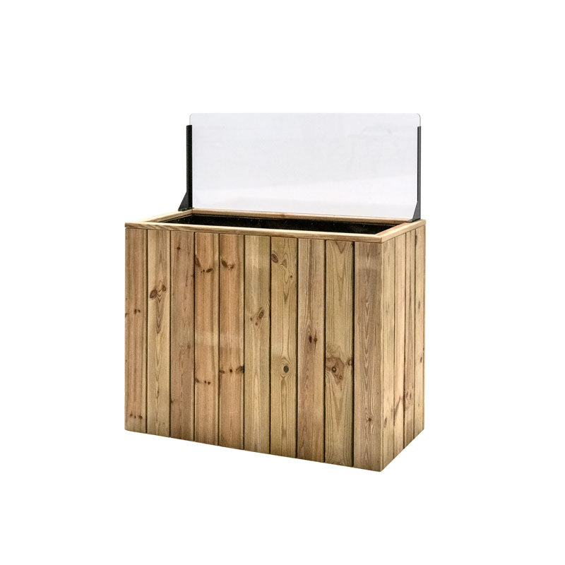 Jardinera de madera fija autoportante con paraviento, ideal para separar espacios en terrazas y jardines. Medidas 100x44x120.