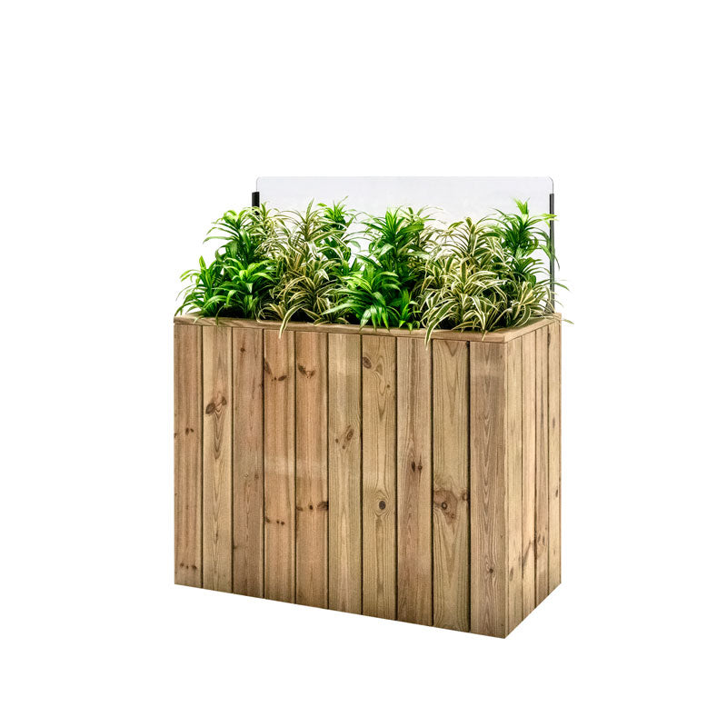 Jardinera de madera fija autoportante con paraviento, ideal para separar espacios en terrazas y jardines.