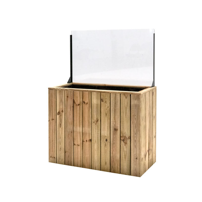 Jardinera de madera fija autoportante con paraviento, ideal para separar espacios en terrazas y jardines.
