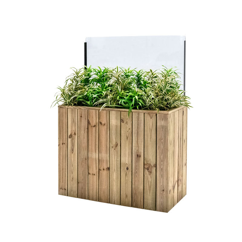 Jardinera de madera fija autoportante con paraviento, ideal para separar espacios en terrazas y jardines.
