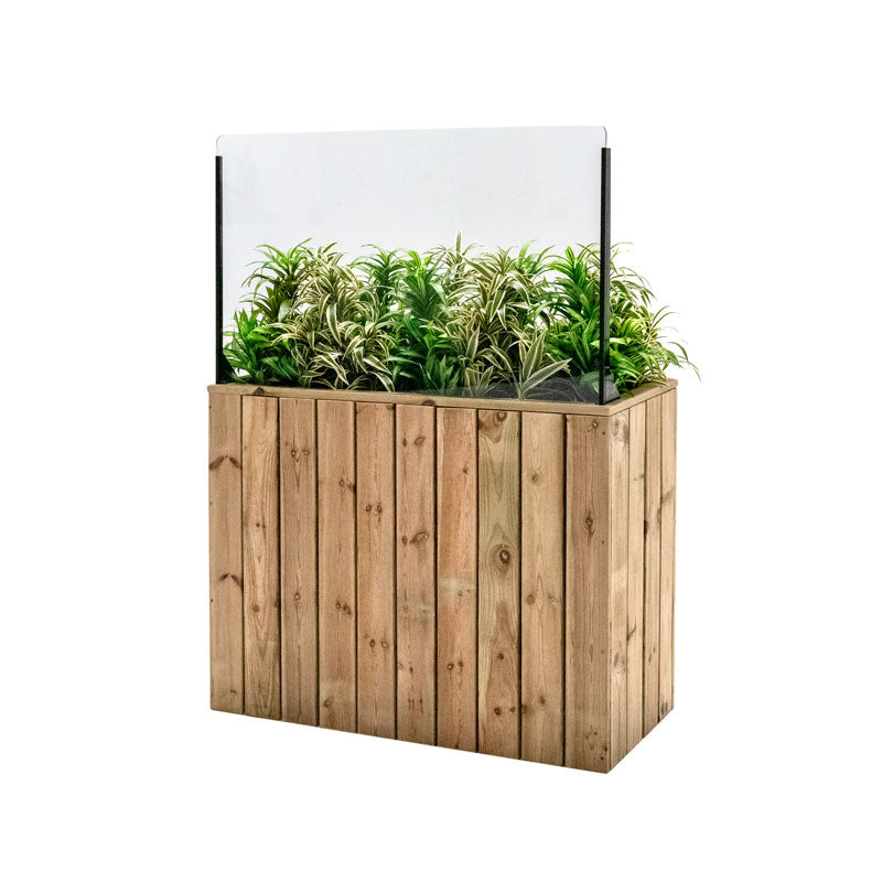 Jardinera de madera fija autoportante con paraviento, ideal para separar espacios en terrazas y jardines.
