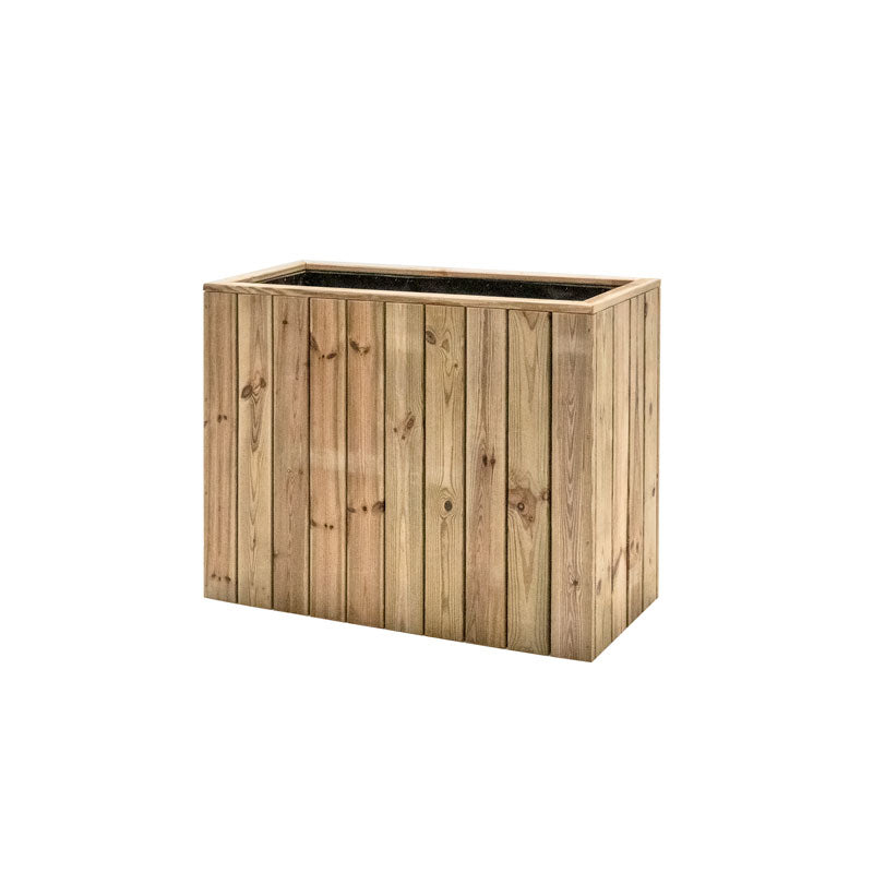 Jardinera de madera fija autoportante de 100x44x80 cm, ideal para separar espacios en terrazas y jardines.