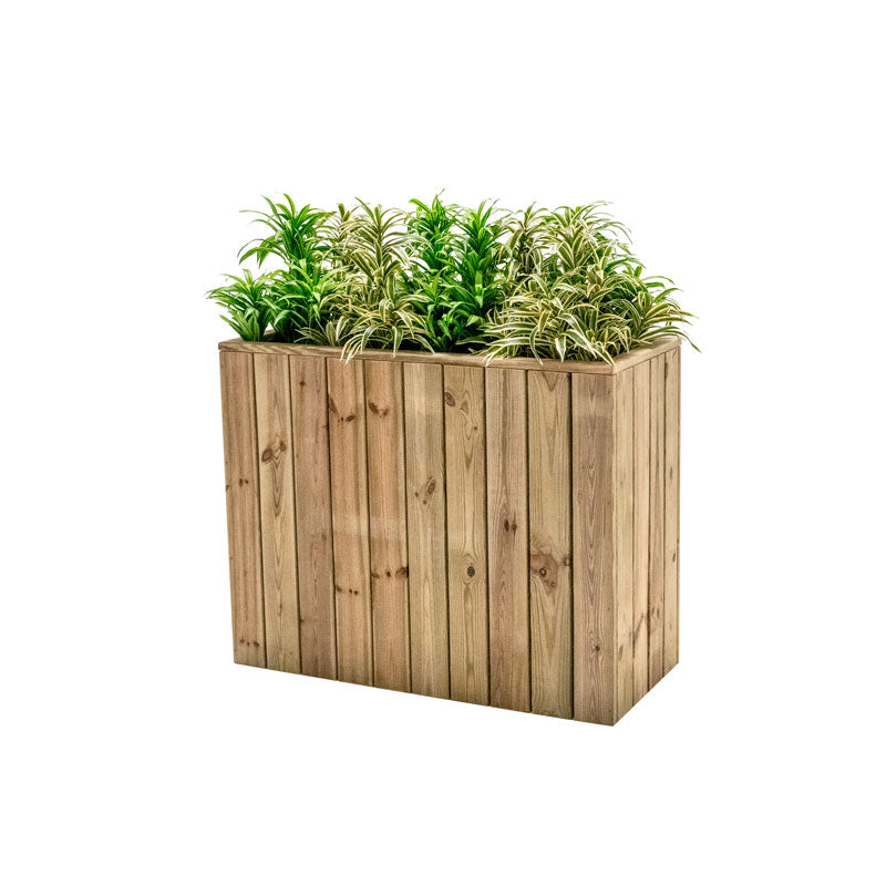 Jardinera de madera fija autoportante, ideal para separar espacios en terrazas y jardines. Medidas 100x44x80 cm.