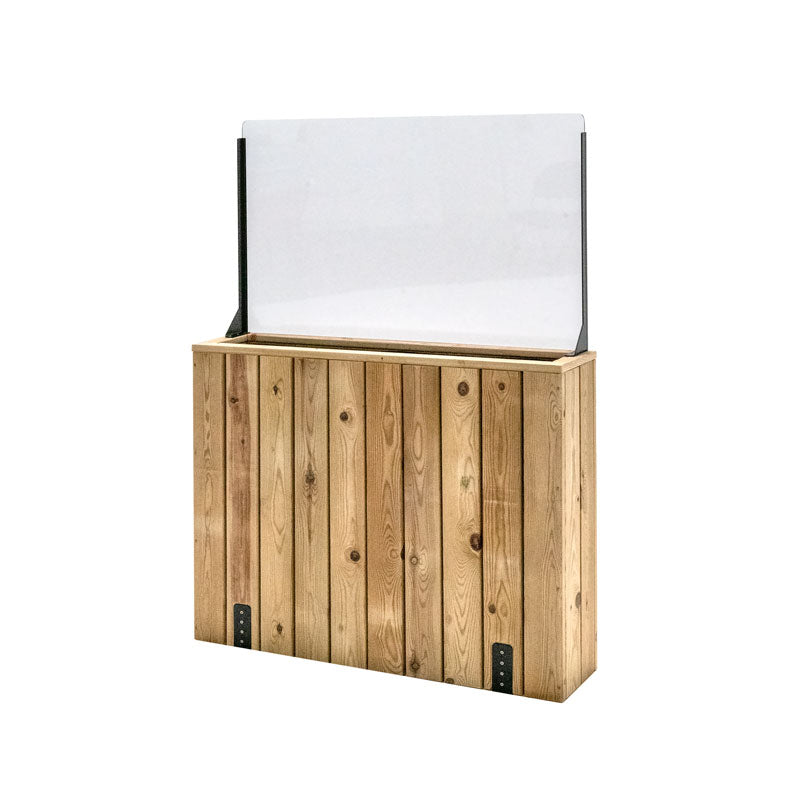 Jardinera de madera fija anclada al suelo con paravientos, ideal para separar espacios en exteriores. Dimensiones 100x24x140.