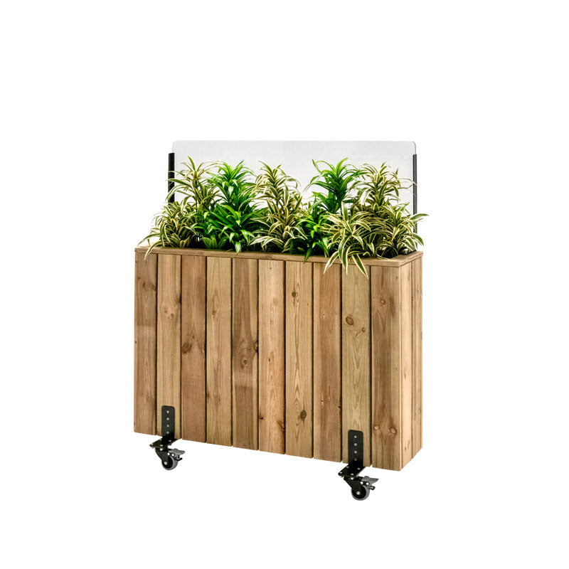 Jardinera de madera con ruedas y paravientos, ideal para cultivar plantas en espacios exteriores. Medidas 100x24x120 cm.