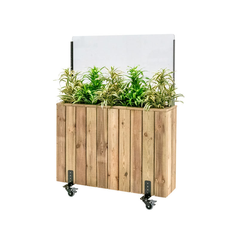 Jardinera de madera con ruedas y paravientos, ideal para cultivar plantas en espacios exteriores. Medidas 100x24x140 cm.