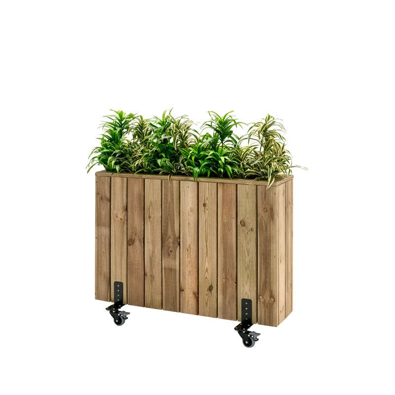 Jardinera de madera con ruedas, ideal para separar espacios en terrazas y jardines. Medidas 100x24x80 cm.