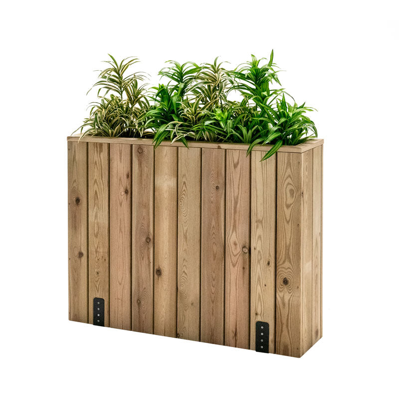 Jardinera de madera fija anclada al suelo, ideal para separar espacios en terrazas y jardines. Medidas 100x24x80 cm.
