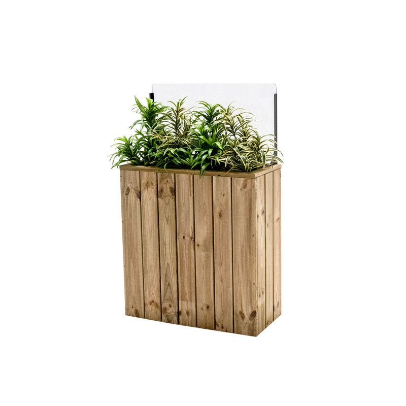 Jardinera de madera fija autoportante con paravientos, ideal para separar espacios en terrazas y jardines.