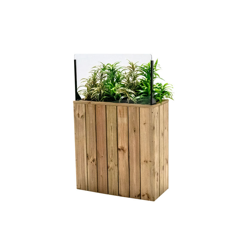 Jardinera de madera fija autoportante con paravientos, ideal para separar espacios en exteriores y embellecer terrazas.