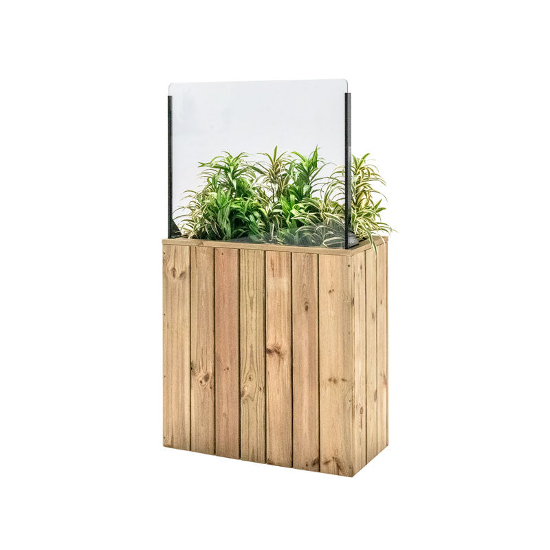 Jardinera de madera fija autoportante con paravientos, ideal para separar espacios en exteriores. Dimensiones 75x34x140.
