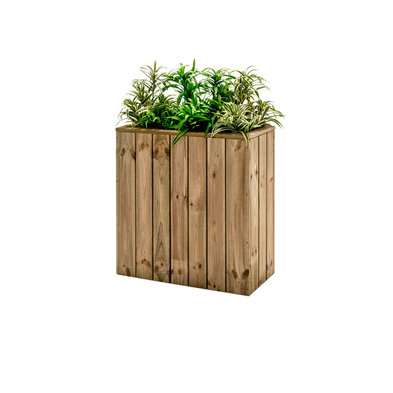 Jardinera de madera fija autoportante de 75x34x80 cm, ideal para separar espacios en terrazas y jardines.