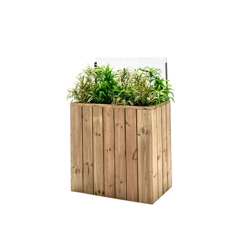 Jardinera de madera fija autoportante con paravientos, ideal para separar espacios en terrazas y jardines.