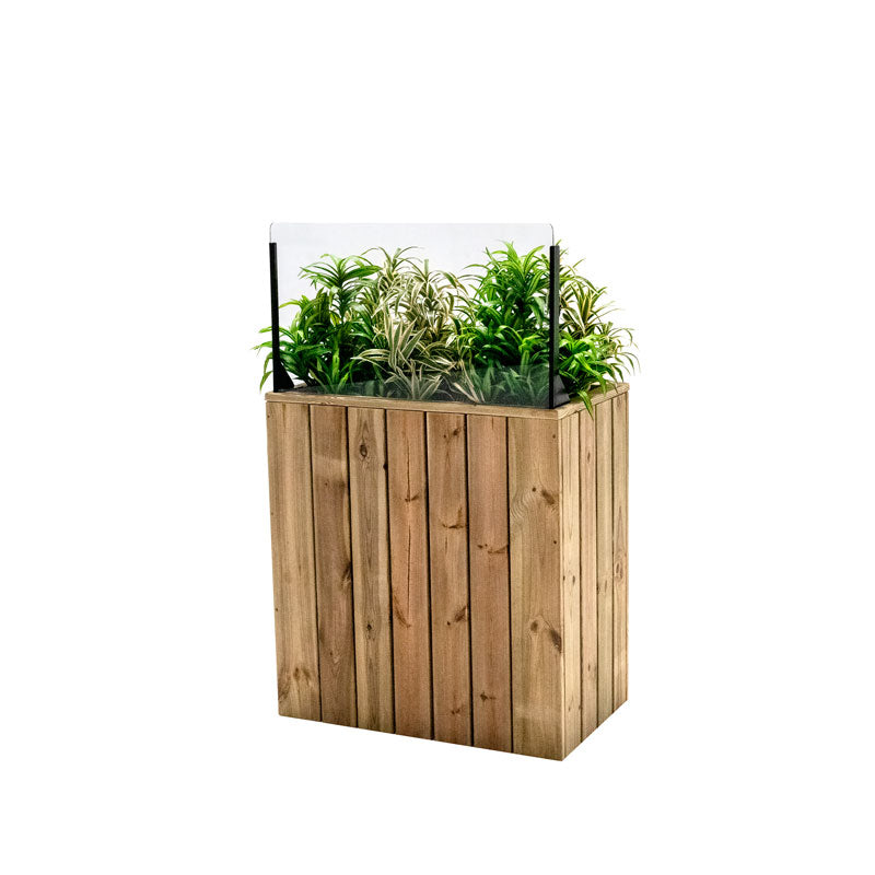 Jardinera de madera fija autoportante con paravientos, ideal para separar espacios en terrazas y jardines.
