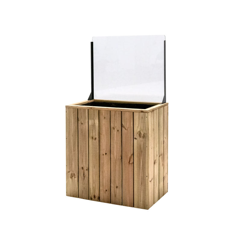 Jardinera de madera fija autoportante con paravientos, ideal para separar espacios en jardines y terrazas.
