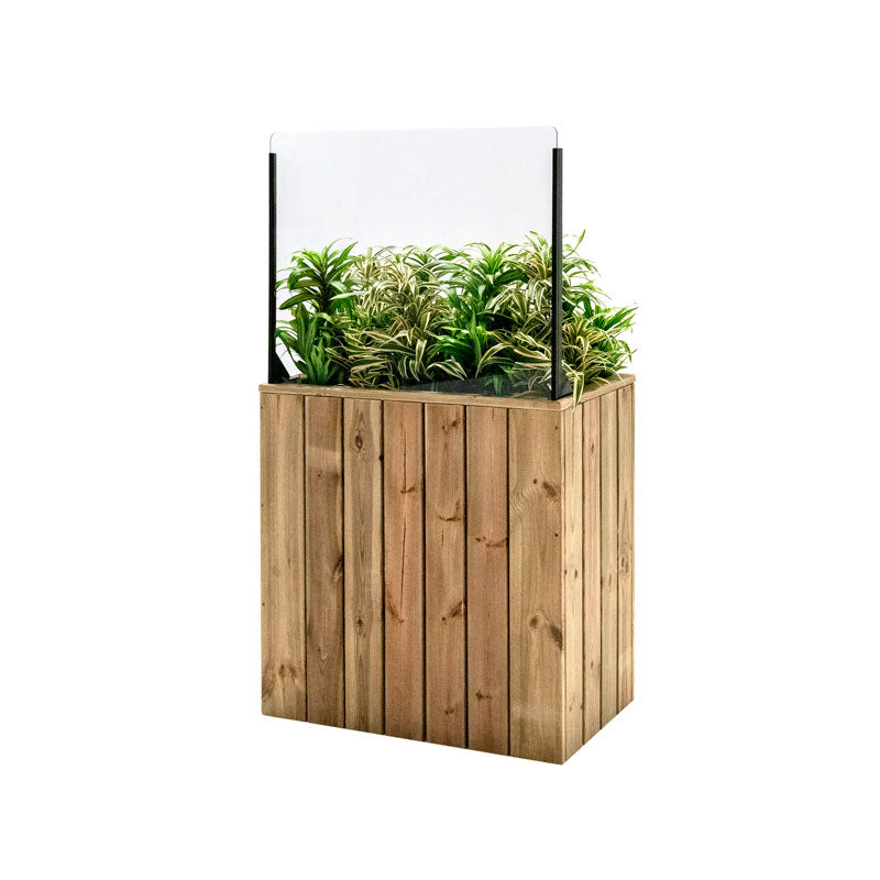 Jardinera de madera fija autoportante con paravientos, ideal para separar espacios en terrazas y jardines.