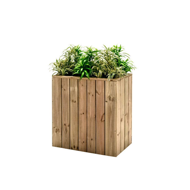 Jardinera de madera fija autoportante de 75x44x80 cm, ideal para separar espacios en jardines y terrazas.