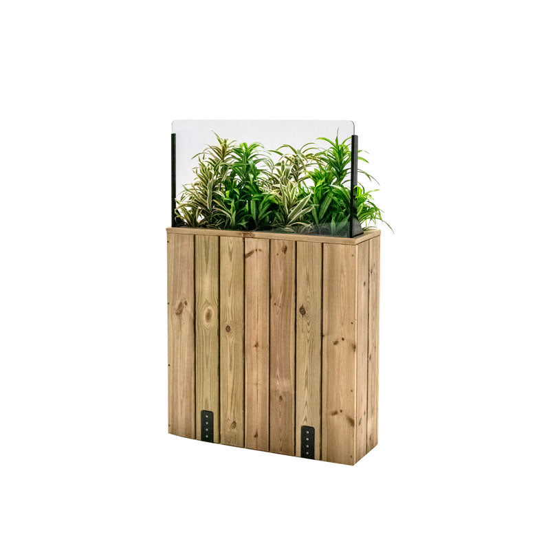 Jardinera de madera fija anclada al suelo con paravientos, ideal para separar espacios en exteriores. Medidas 75x24x120.