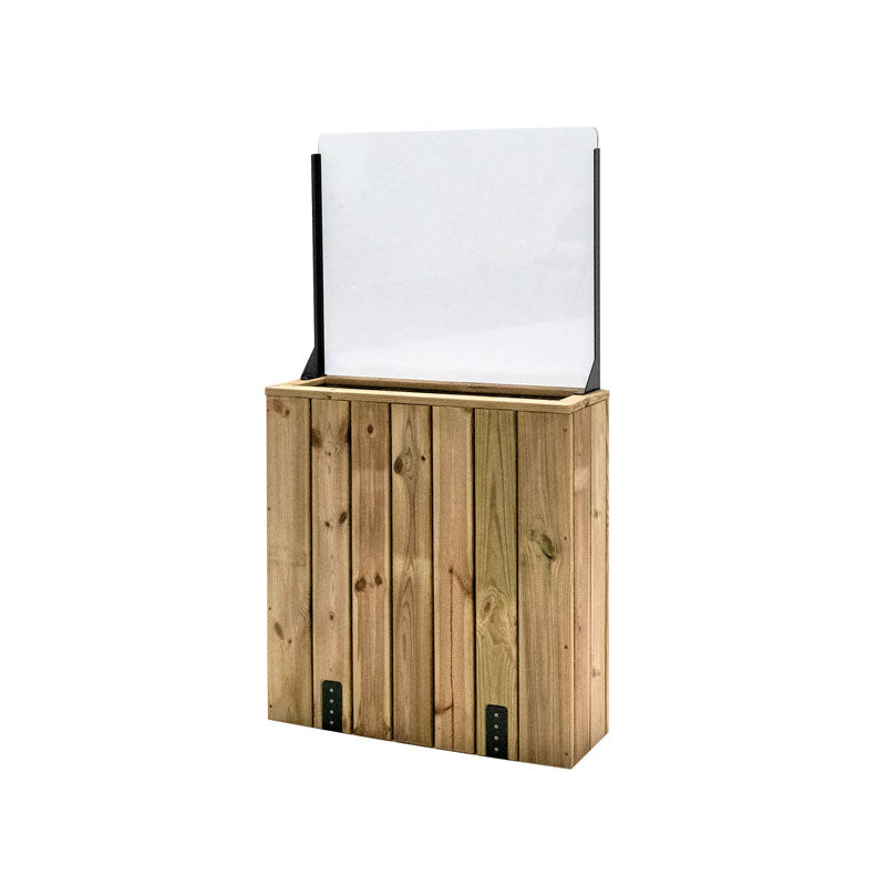Jardinera de madera fija anclada al suelo con paravientos, ideal para separar espacios en jardines y terrazas.