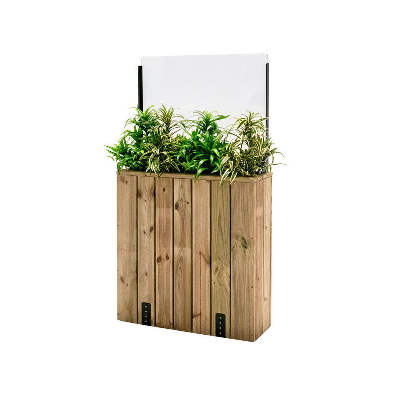 Jardinera de madera fija anclada al suelo con paravientos, ideal para separar espacios en exteriores.