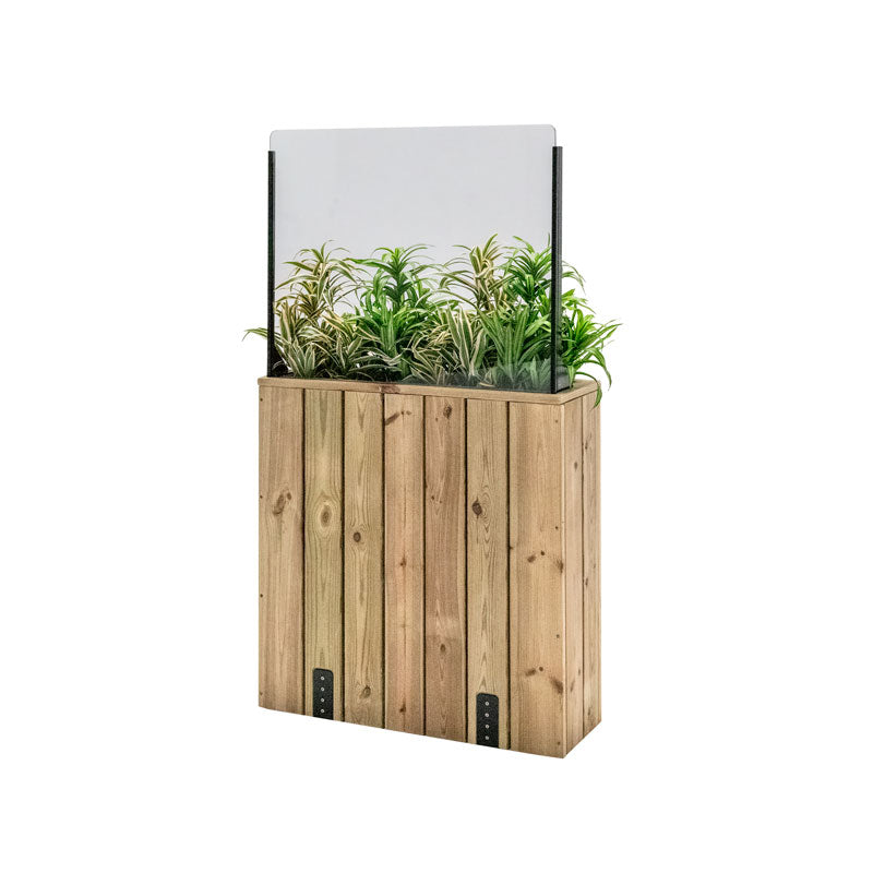 Jardinera de madera fija anclada al suelo con paravientos, ideal para separar espacios en exteriores.