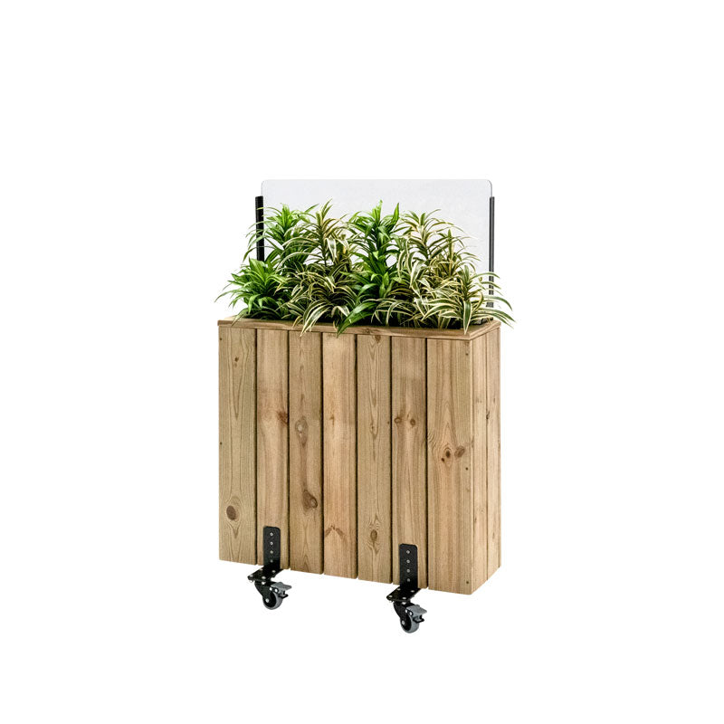 Jardinera de madera con ruedas y paravientos, ideal para cultivar plantas en espacios exteriores. Medidas 75x24x120 cm.