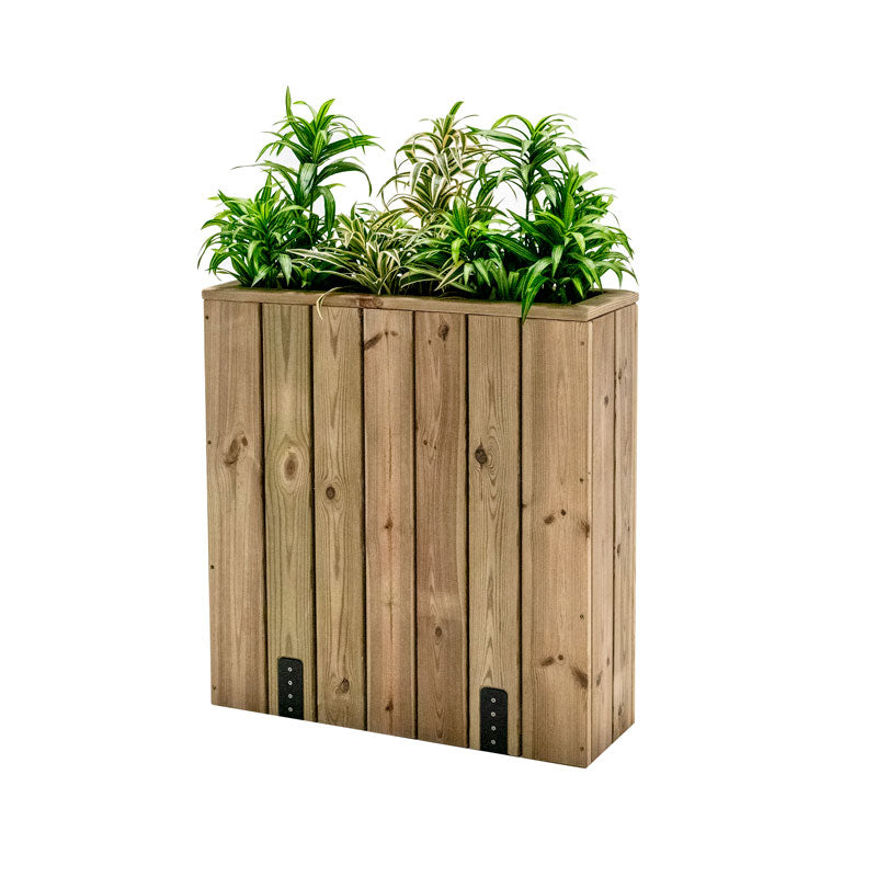 Jardinera de madera fija anclada al suelo, ideal para separar espacios en terrazas y jardines. Medidas 75x24x80 cm.
