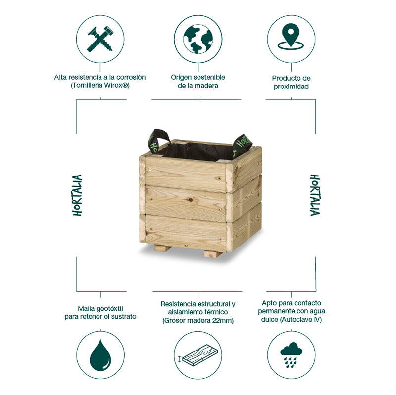 Jardinera cuadrada Pun KD de 30x30x30 cm, ideal para cultivo de plantas en espacios reducidos.