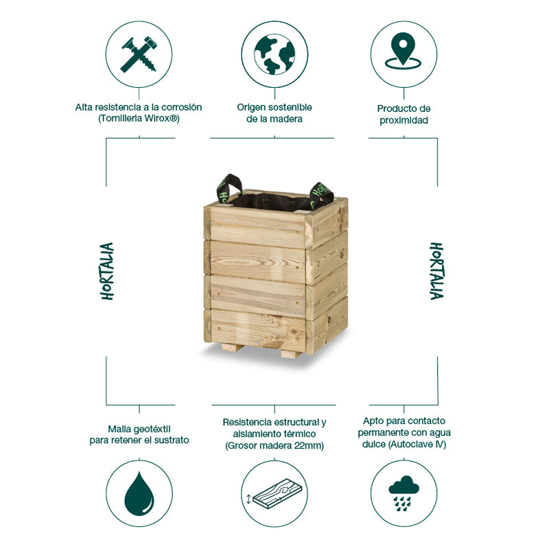 Jardinera cuadrada Pun KD de 30x30x40 cm, ideal para cultivar plantas en espacios reducidos.